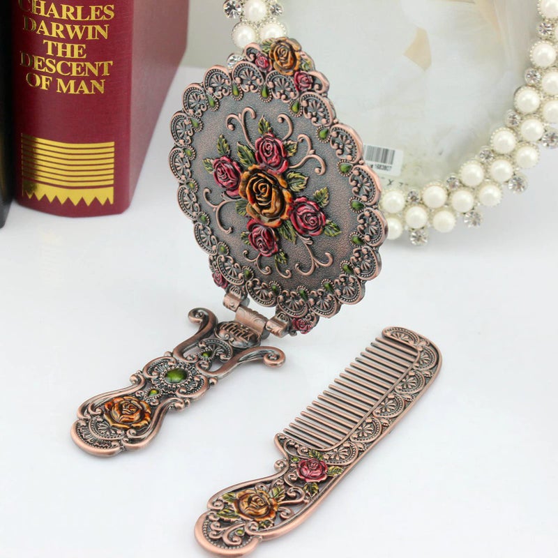 Nerien Vintage Mirror Comb Set Metal Antique Rose Style Handheld Makeup Mirror Travel Round Folding Cosmetic Mirror Women's Vanity Handle Foldable Mirrors Decorative Tabletop Mirrors Copper - Image 4
